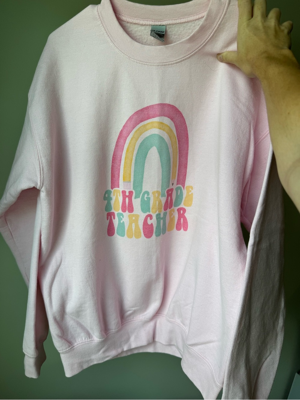 Gildan Pastel Pink Rainbow 4th Grade Teacher Crewneck